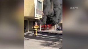 A Los Angeles firefighter is shown on the scene of a condo fire in North Hollywood on October 21, 2017. (Credit: LoudLabs)