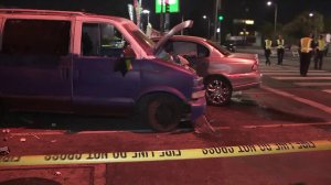 Police investigate a crash following a pursuit in North Hollywood on Oct. 4, 2017. (Credit: KTLA)