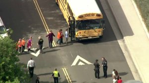 Students are taken off campus at Castle View Elementary on Oct. 31, 2017. (Credit: KTLA)