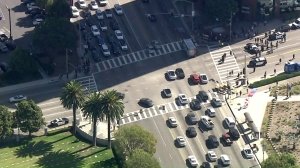 Traffic was blocked by DACA supporters in Westwood as the renewal deadline for the program loomed in Oct. 5, 2017. (Credit: KTLA)