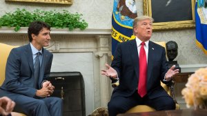 U.S. President Donald Trump speaks alongside Canadian Prime Minister Justin Trudeau during a meeting in the Oval Office at the White House on Oct. 11, 2017, in Washington, D.C. (Credit: Kevin Dietsch - Pool/Getty Images)