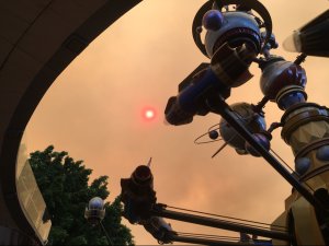 KTLA viewer Juan Campos sent in this photo of smoke from the Canyon Fire 2 over a ride at Disneyland on Oct. 9, 2017.
