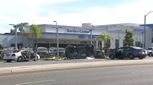 Vehicles involved in a hit-and-run crash remained at the scene in Torrance on Nov. 14, 2017. (Credit: KTLA)