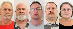 From left: Bill Moore Sr., Frankie Gebhardt, Gregory Huffman, Lamar Bunn and Sandra Bunn were charged in connection with a 34-year-old murder case. (Credit: Spalding County Sheriff's Office via CNN)