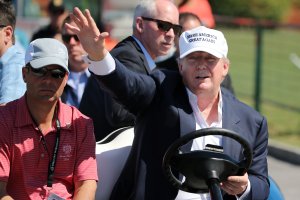 Republican presidential candidate Donald Trump makes an appearance prior to the start of play during the final round of the World Golf Championships at Trump National Doral Course on March 6, 2016, in Florida. (Credit: Mike Ehrmann / Getty Images)