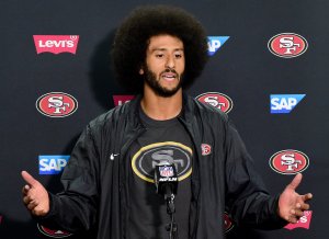 Colin Kaepernick speaks to the media after a the San Francisco 49ers preseason win over the San Diego Chargers on Sept. 1, 2016, in San Diego. (Credit: Harry How / Getty Images)