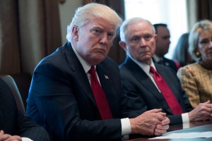 President Donald Trump and Attorney General Jeff Sessions attend a panel discussion on an opioid and drug abuse in the Roosevelt Room of the White House March 29, 2017 in Washington, DC. (Credit: Shawn Thew-Pool/Getty Images)