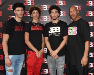 (Left to right) Lonzo Ball, LaMelo Ball, LiAngelo Ball and LaVar Ball attend Melo Ball's 16th Birthday on September 2, 2017 in Chino. (Credit: Joshua Blanchard/Getty Images for Crosswalk Productions )