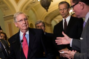 Senate Majority Leader Mitch McConnell addresses reporters following a lunch with Senate Republicans and President Donald Trump on Capitol Hill, Oct. 24, 2017. (Credit: Drew Angerer / Getty Images)