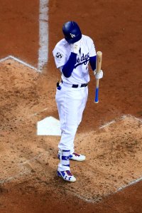 Cody Bellinger reacts as he bats during the third inning against the Houston Astros in Game 7 of the 2017 World Series at Dodger Stadium on Nov. 1, 2017. (Credit: Sean M. Haffey/Getty Images)