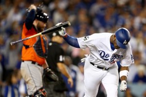 Yasiel Puig reacts after lining out during the fifth inning against the Houston Astros in Game 7 of the 2017 World Series at Dodger Stadium on Nov. 1, 2017. (Credit: Ezra Shaw/Getty Images)