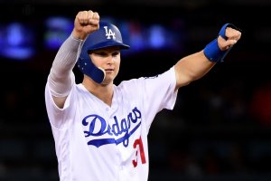 Dodger Joc Pederson reacts at during the sixth inning against the Houston Astros in Game 7 of the 2017 World Series at Dodger Stadium on Nov. 1, 2017. (Credit: Harry How/Getty Images)