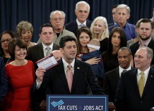 Speaker of the House Paul Ryan, surrounded by American families and members of the House Republican leadership, introduces tax reform legislation, Nov. 2, 2017, in Washington, DC. (Credit: Win McNamee / Getty Images)