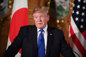 US President Donald Trump and Japanese Prime Minister Shinzo Abe (not pictured) attend a joint press conference at Akasaka Palace in Tokyo on November 6, 2017. (Credit: JIM WATSON/AFP/Getty Images)