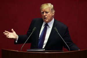 President Donald Trump speaks at the National Assembly on November 8, 2017 in Seoul, South Korea. Trump is in South Korea as a part of his Asian tour. (Credit: Chung Sung-Jun/Getty Images)