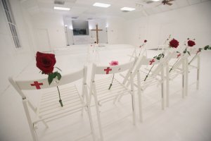 The First Baptist Church of Sutherland Springs, Texas, is turned into a memorial to honor those who died on Nov. 12, 2017. (Credit: Scott Olson / Getty Images)