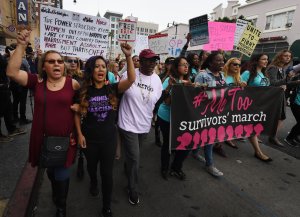 Victims of sexual harassment, sexual assault, sexual abuse and their supporters protest during a #MeToo march in Hollywood on Nov. 12, 2017. (Credit: Mark Ralston / AFP / Getty Images)