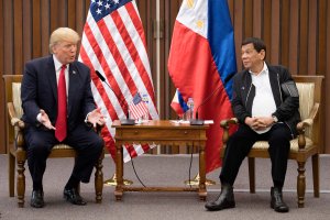 US President Donald Trump talks with Philippine President Rodrigo Duterte during their bilateral meetin on the side line of the 31st Association of South East Asian Nations (ASEAN) Summit in Manila on November 13, 2017. (Credit: JIM WATSON/AFP/Getty Images)