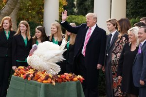U.S. President Donald Trump, first lady Melania Trump, their son Barron, National Turkey Federation Chairman Carl Wittenburg and his family and members of the Draper County, Minnesota, 4-H chapter pose for photographs after Trump pardoned, Drumstick, the National Thanksgiving Turkey in the Rose Garden at the White House November 21, 2017 in Washington, DC. (Credit: Chip Somodevilla/Getty Images)