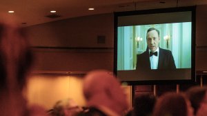 Actor Kevin Spacey appears on screen in a skit based on the hit show 'House of Cards" during the White House Correspondents' Association Dinner on April 27, 2013, in Washington, DC. (Credit: Pete Marovich-Pool/Getty Images)