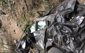 The car that fell over 500 feet off a cliff near Mount Baldy in the Angeles National Forest is shown here on Nov. 12, 2017. (Credit: Los Angeles County Sheriff's Department)