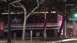 A party bus is seen after it was involved in a deadly shooting near the Santa Monica Pier on Nov. 4, 2017. (Credit: LoudLabs)