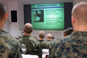 An image release by the U.S. Marines in 2012 shows troops during an anti-hazing seminar.