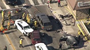 Emergency crews respond to a multivehicle crash in Hawthorne on Dec. 21, 2017. (Credit: KTLA)