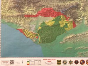 A map tweeted out by Ventura County fire officials shows the progression of the Thomas Fire as of Dec. 8, 2017. 