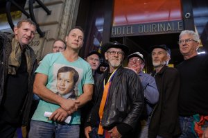 From left: Paul Levey, Peter Blenkiron, Paul Auchettl, Gordon Hill, Tony Wardley, Garry Sculey and Phil Nagle, survivors of child abuse by Catholic clergy in Australia, answer to media at the Quirinale hotel in Rome on March 2, 2016. (Credit: Andreas Solaro / AFP / Getty Images)