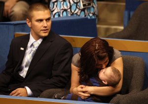 Track Palin sits with Willow Palin while holding Trig Palin on day three of the Republican National Convention on Sept. 3, 2008 in St. Paul, Minnesota. (Credit: Justin Sullivan/Getty Images)