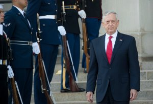 U.S. Secretary of Defense Jim Mattis arrives to greet Georgian Minister of Defense Levan Izoria prior to meetings at the Pentagon in Washington, D.C. on Nov. 13, 2017. (Credit: SAUL LOEB/AFP/Getty Images)