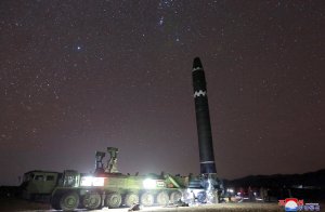 This photo taken on Nov. 29, 2017, and released on Nov. 30 by North Korea's official Korean Central News Agency (KCNA) shows the Hwansong-15 missile which is capable of reaching all parts of the U.S. (Credit: KCNA via KNS / AFP / Getty Images)
