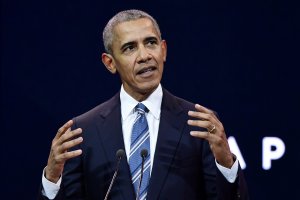Former US President Barack Obama speaks at an innovative communications conference organised by Les Napoleons network group, where he appears as a guest of honour, in Paris, on December 2, 2017. (Credit: MARTIN BUREAU/AFP/Getty Images)