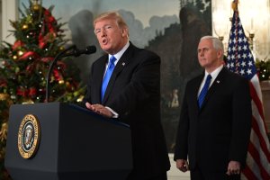 Donald Trump delivers a statement on Jerusalem from the Diplomatic Reception Room of the White House on Dec. 6, 2017 as Vice President Mike Pence looks on. (Credit: Mandel Ngan/AFP/Getty Images)