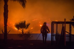 A firefighter guards a house at the Lilac Fire on Dec. 7, 2017 near Bonsall, California. (Credit: David McNew/Getty Images)