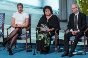 Beatrice Fihn, executive director of the International Campaign to Abolish Nuclear Weapons, Hiroshima nuclear bombing survivor Setsuko Thurlow and Nobel Committee member Henrik Syse attend the Nobel Peace Prize ceremony on Dec. 10, 2017, in Oslo, Norway. (Credit: Nigel Waldron / Getty Images)