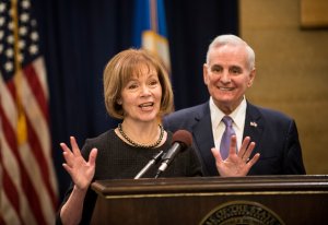 Minnesota Lt. Gov. Tina Smith fields questions after being named the replacement to Sen. Al Franken by Gov. Mark Dayton on Dec. 13, 2017, at the Minnesota State Capitol in St. Paul. (Credit: Stephen Maturen / Getty Images)