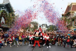 The cast of the all-new Club Mickey Mouse performs a sparkling holiday number on Main Street U.S.A. at Disneyland during a taping of "Disney Parks Magical Christmas Celebration" on Nov. 13, 2017. (Credit: Richard Harbaugh/Disney Parks via Getty Images)