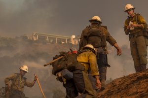 Firefighters climb a hill while cutting a line among homes at the Thomas Fire on Dec. 16, 2017, in Montecito. (Credit: David McNew/Getty Images)