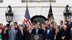 Donald Trump speaks about the passage of tax reform legislation on the South Lawn of the White House on Dec. 20, 2017. (Credit: Saul Loeb/AFP/Getty Images)