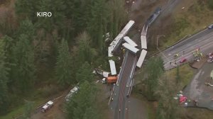 An aerial view shows an Amtrak train derailment in Dupont, Washington, on Dec. 18, 2017. (Credit: KIRO via CNN)