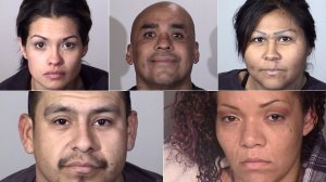 (Top, left to right) Lisette Topete, Juan Carrillo, Maryann Zuniga, (bottom left to right) David Rosales and Jasmine Zavala are shown in photos released by the Oxnard Police Department on Dec. 19, 2017.