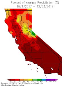 NOAA data shows precipitation amounts in California between Oct. 1, 2017, and Dec. 23, 2017.