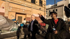 Philip Alston, the United Nations' monitor for extreme poverty, visited skid row last week to examine Los Angeles' response to homelessness. (Credit: Maria Cardona/ Los Angeles Times)