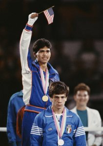 Paul Gonzales Jr. of the United States won the Men's Light-Flyweight Boxing final on Aug. 11, 1984, during the XXIII Olympic Summer Games at the L.A. Memorial Sports Arena in Los Angeles. (Credit: Getty Images)