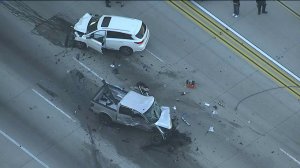 One person was killed in a head-on collision with the suspect's vehicle. (Credit: KTLA)