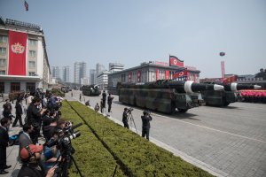 This picture taken on April 15, 2017 shows an unidentified rocket, reported to be a Hwasong-type missile similar to the one used in a May 14, 2017 test launch, at a military parade in Pyongyang. (Credit: ED JONES/AFP/Getty Images)