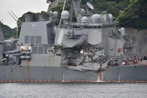 This photo shows damages on the guided missile destroyer USS Fitzgerald at its mother port in Yokosuka, southwest of Tokyo, on June 18, 2017. (Credit: Kazuhiro Nogi / AFP / Getty Images)