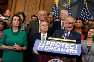 Chuck Schumer (D-NY) speaks at a news conference as other congressional leaders look on about President Donald Trump's decision to end the Deferred Action for Childhood Arrivals (DACA) program at the U.S. Capitol on Sept. 6, 2017 in Washington, D.C. (Credit: Aaron P. Bernstein/Getty Images)